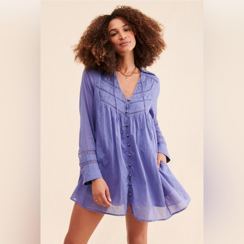 Free People Periwinkle Lace-Trim Button-Down Mini Dress